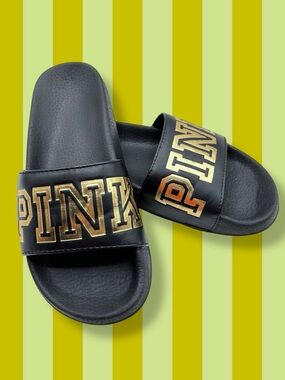 Victoria's Secret PINK Black & Gold Slip On Open Toe Comfy Pool Slides Sandals